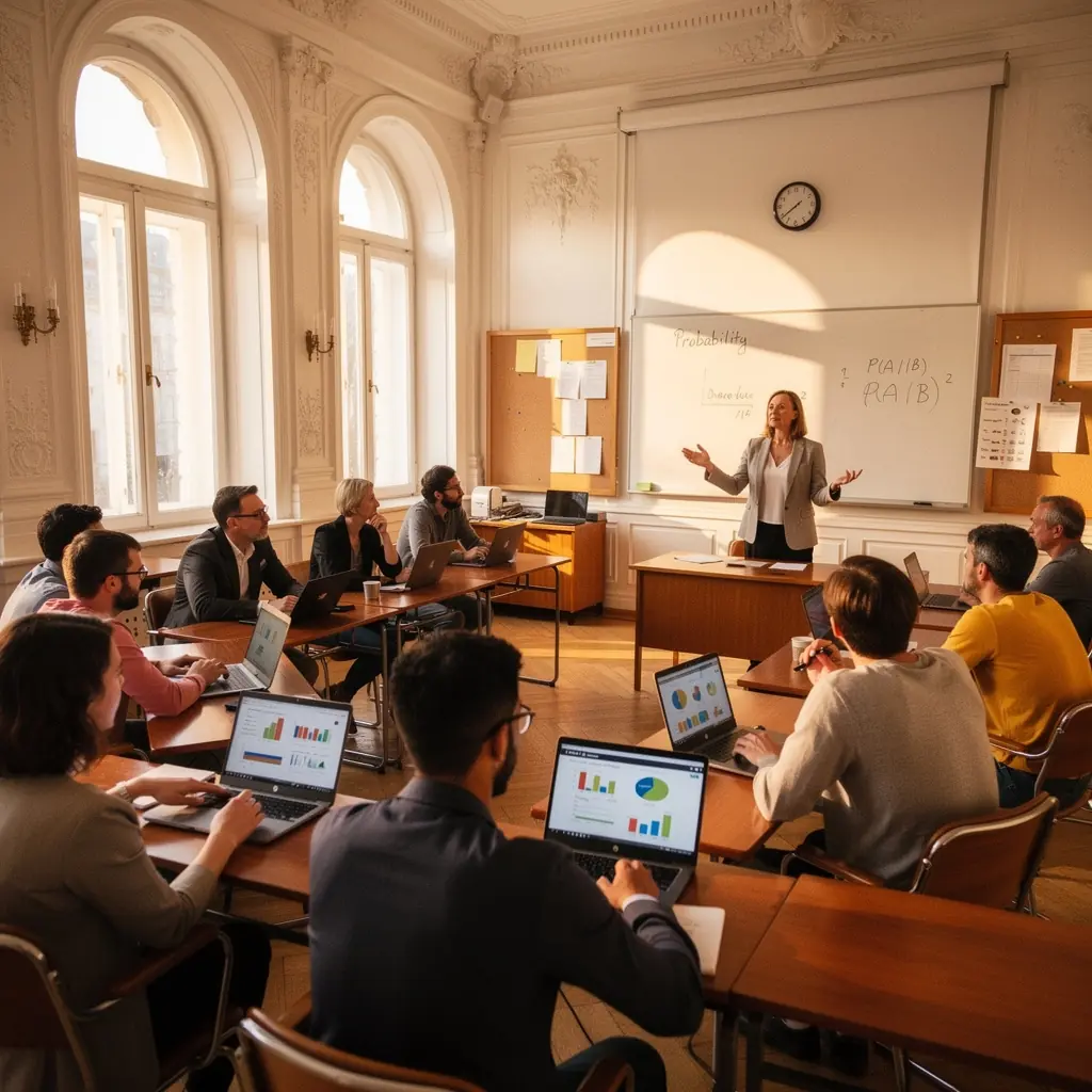 Ein Professor, der eine Gruppe von Studenten in einer Statistikvorlesung unterrichtet.