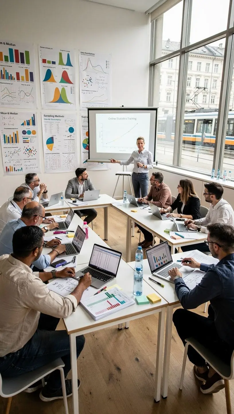 Ein Bildschirm, der eine Online-Lernplattform für Statistik-Kurse zeigt.